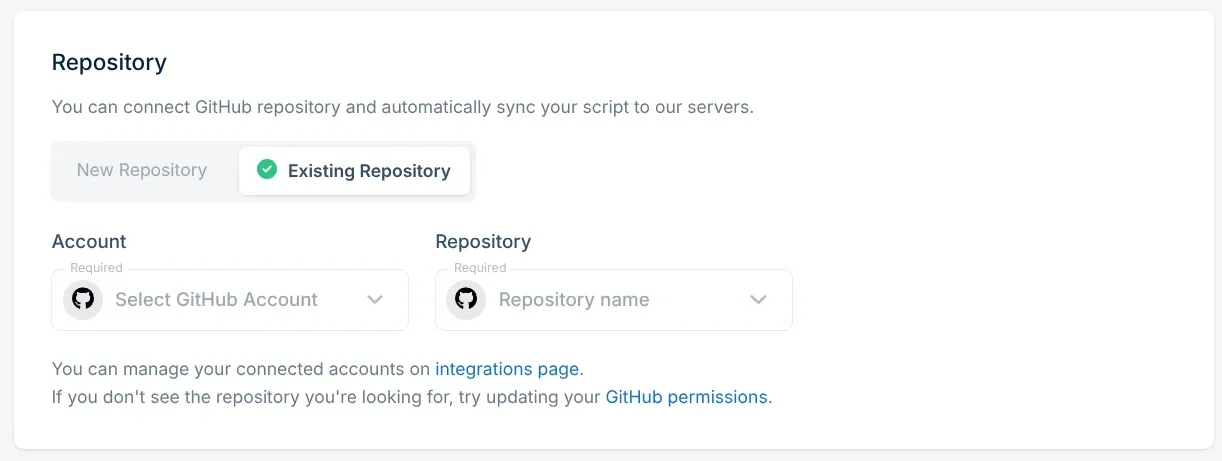 The Repository section of the Bunny script form, with “Existing Repository” selected and fields for the GitHub account and repository name.