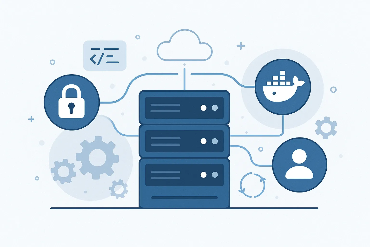 An illustration of a server rack connected to a cloud, a padlock, the Docker whale, a user and a set of gears.