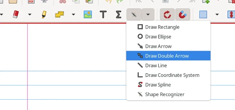 The Xournal++ shape tool drop-down, listing rectangle, ellipse, arrow, line, coordinate system and spline tools, with Shape Recognizer at the bottom.