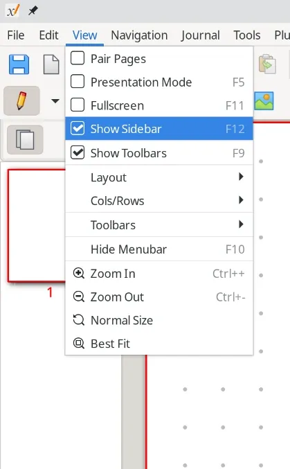 The Xournal++ View menu with Show Sidebar checked.
