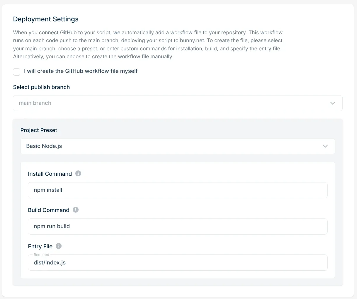 The Deployment Settings section, with the main branch selected, the “Basic Node.js” preset, and its default install, build and entry file values.