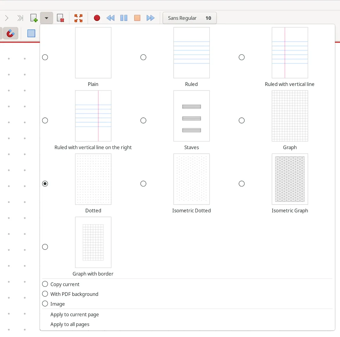 The Xournal++ page background picker, showing plain, ruled, staves, graph, dotted and isometric options, with “Apply to current page” and “Apply to all pages” at the bottom.