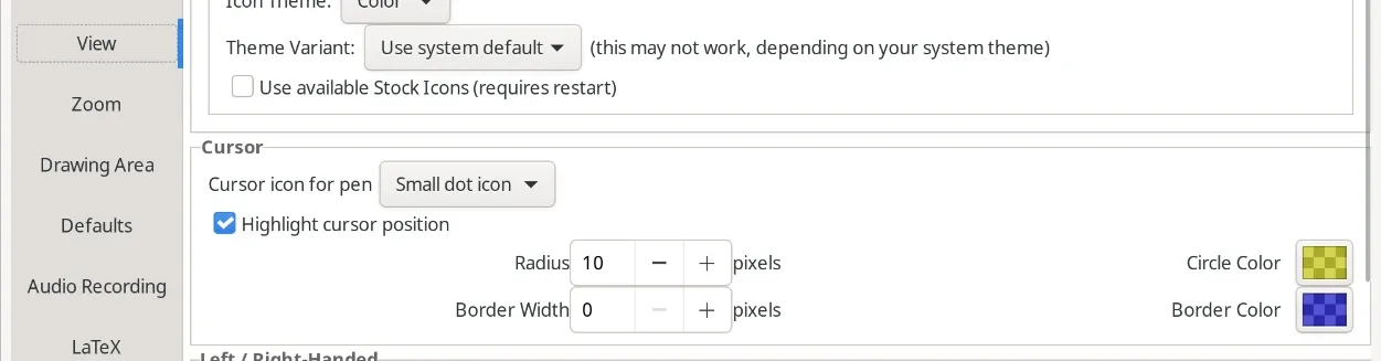 The View page of the Xournal++ preferences, with “Highlight cursor position” checked and the radius set to 10 pixels.