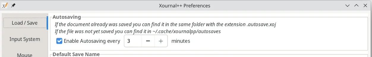 The Load / Save page of the Xournal++ preferences, with autosaving enabled every 3 minutes.