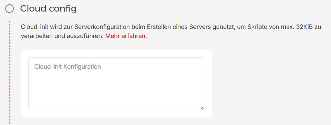 Cloud-init field in the hetzner server creation form